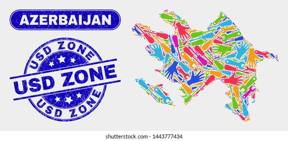 Assemble Azerbaijan map and blue USD Zone grunge seal. Colored vector Azerbaijan map mosaic of workshop. Blue rounded USD Zone seal.