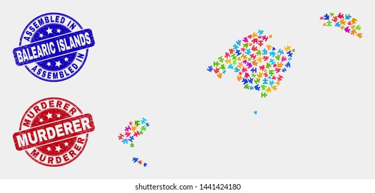 Assemble Balearic Islands map and blue Assembled seal stamp, and Murderer textured stamp. Colored vector Balearic Islands map mosaic of plug-in elements. Red round Murderer stamp.