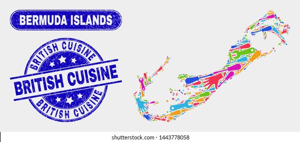Assemble Bermuda Islands map and blue British Cuisine scratched stamp. Colorful vector Bermuda Islands map mosaic of tools components. Blue round British Cuisine stamp.