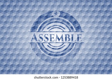 Assemble blue emblem with geometric pattern.