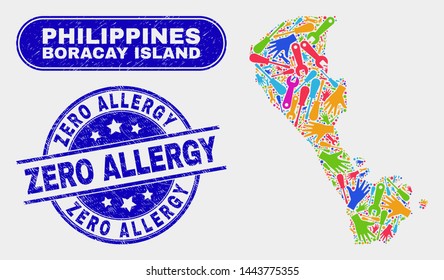 Assemble Boracay Island map and blue Zero Allergy scratched stamp. Colored vector Boracay Island map mosaic of repair components. Blue rounded Zero Allergy badge.