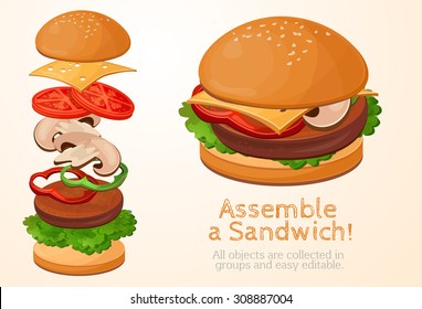 Assemble burger, collect, assemble, Hamburger, sandwich filling, fast food