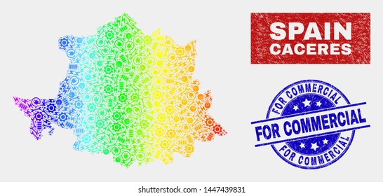 Assemble Caceres Province map and blue For Commercial scratched seal stamp. Spectral gradient vector Caceres Province map mosaic of mechanic. Blue round For Commercial seal.
