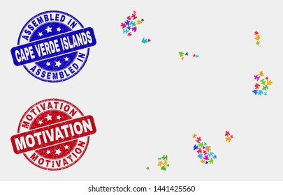 Assemble Cape Verde Islands map and blue Assembled seal, and Motivation textured seal stamp. Colored vector Cape Verde Islands map mosaic of bundle connectors. Red rounded Motivation seal.