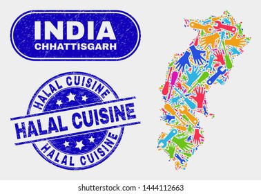Assemble Chhattisgarh State map and blue Halal Cuisine distress stamp. Colored vector Chhattisgarh State map mosaic of workshop units. Blue round Halal Cuisine stamp.