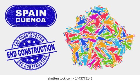 Assemble Cuenca Province map and blue End Construction scratched seal stamp. Colored vector Cuenca Province map mosaic of industrial elements. Blue round End Construction stamp.