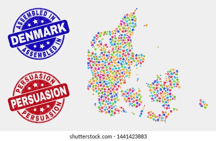 Assemble Denmark map and blue Assembled seal stamp, and Persuasion textured seal stamp. Bright vector Denmark map mosaic of puzzle modules. Red rounded Persuasion stamp.