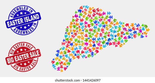 Assemble Easter Island map and blue Assembled stamp, and Big Easter Sale grunge seal stamp. Colored vector Easter Island map mosaic of bundle bricks. Red rounded Big Easter Sale seal.