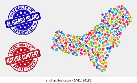 Assemble El Hierro Island map and blue Assembled seal stamp, and Nature Content scratched seal stamp. Colorful vector El Hierro Island map mosaic of plug-in connectors.