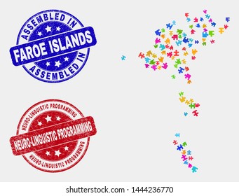 Assemble Faroe Islands map and blue Assembled seal stamp, and Neuro-Linguistic Programming grunge seal stamp. Colorful vector Faroe Islands map mosaic of plugin items.