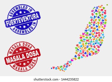 Assemble Fuerteventura Island map and blue Assembled seal stamp, and Masala Dosa distress seal stamp. Colored vector Fuerteventura Island map mosaic of bundle elements. Red rounded Masala Dosa stamp.