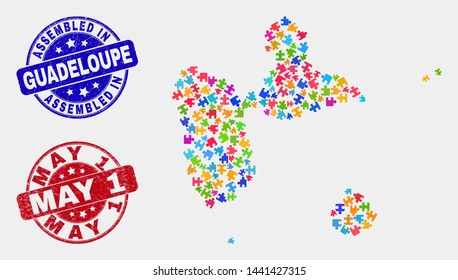 Assemble Guadeloupe map and blue Assembled seal stamp, and May 1 distress stamp. Colorful vector Guadeloupe map mosaic of bundle units. Red round May 1 seal.