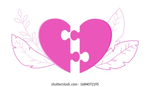 Ensamblar un enorme rompecabezas en forma de corazón. Metáfora del amor, reciprocidad y entendimiento. Tarjeta de saludo para San Valentín. Ilustración vectorial plana.