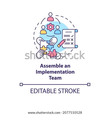 Assemble an implementation team concept icon. Build collaborative relationships. Execution program support abstract idea thin line illustration. Vector isolated outline color drawing. Editable stroke