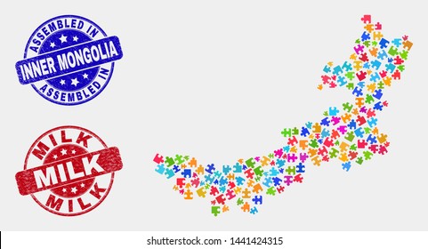 Assemble Inner Mongolia map and blue Assembled seal stamp, and Milk grunge seal stamp. Colorful vector Inner Mongolia map mosaic of puzzle bricks. Red round Milk stamp.