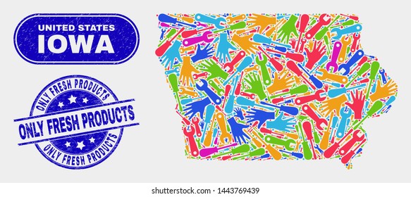 Assemble Iowa State map and blue Only Fresh Products grunge seal stamp. Bright vector Iowa State map mosaic of production. Blue rounded Only Fresh Products stamp.
