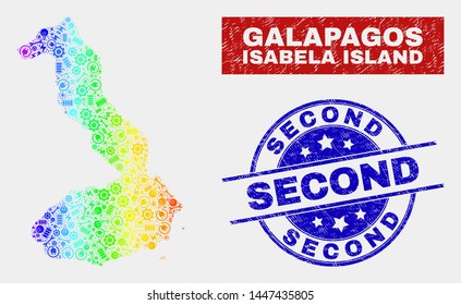 Assemble Isabela Island of Galapagos map and blue Second distress stamp. Rainbow colored gradiented vector Isabela Island of Galapagos map mosaic of productivity units. Blue round Second stamp.