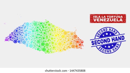 Assemble Isla La Tortuga map and blue Second Hand grunge stamp. Spectrum gradiented vector Isla La Tortuga map mosaic of equipment. Blue rounded Second Hand stamp.