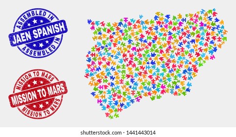 Assemble Jaen Spanish Province map and blue Assembled seal stamp, and Mission to Mars distress seal. Bright vector Jaen Spanish Province map mosaic of plugin bricks. Red round Mission to Mars imprint.