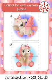Assemble the jigsaw puzzle of a cute unicorn. Children's vector template for educational books, developmental education. For girls.