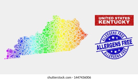 Assemble Kentucky State map and blue Allergens Free grunge seal stamp. Spectral gradiented vector Kentucky State map mosaic of mechanics elements. Blue rounded Allergens Free seal.