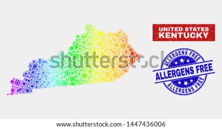 Assemble Kentucky State map and blue Allergens Free grunge seal stamp. Spectral gradiented vector Kentucky State map mosaic of mechanics elements. Blue rounded Allergens Free seal.