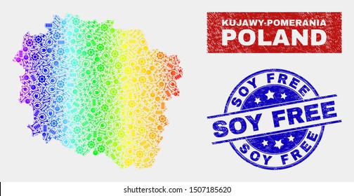 Assemble Kujawy-Pomerania Province map and blue Soy Free textured seal stamp. Colorful gradiented vector Kujawy-Pomerania Province map mosaic of productivity units. Blue rounded Soy Free stamp.
