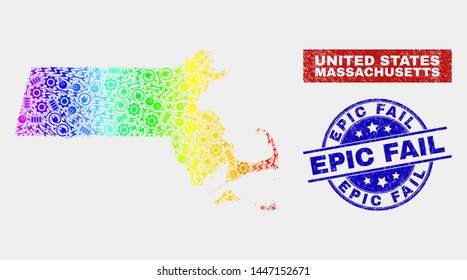 Assemble Massachusetts State map and blue Epic Fail textured seal. Rainbow colored gradiented vector Massachusetts State map mosaic of industrial. Blue round Epic Fail seal.