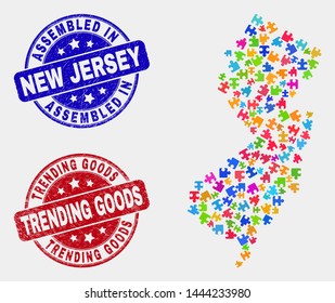 Assemble New Jersey State map and blue Assembled seal stamp, and Trending Goods distress seal stamp. Colored vector New Jersey State map mosaic of puzzle components. Red round Trending Goods seal.