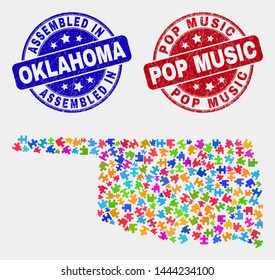 Assemble Oklahoma State map and blue Assembled seal stamp, and Pop Music textured seal stamp. Bright vector Oklahoma State map mosaic of puzzle. Red rounded Pop Music seal.