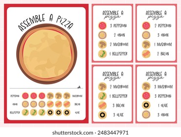 assemble a pizza, counting cut and paste game for kids printable activity