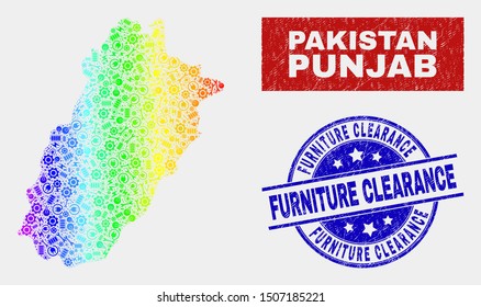 Assemble Punjab Province Map And Blue Furniture Clearance Scratched Seal Stamp. Spectral Gradient Vector Punjab Province Map Mosaic Of Industrial Parts. Blue Round Furniture Clearance Stamp.