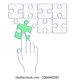 To assemble a puzzle, search solution , to solve a problem, to assemble a common vision. Hand moves puzzle pieces, brainteaser, jigsaw. Flat outline vector illustration.