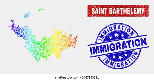 Assemble Saint Barthelemy map and blue Immigration textured seal. Colorful gradient vector Saint Barthelemy map mosaic of engineering parts. Blue round Immigration seal.