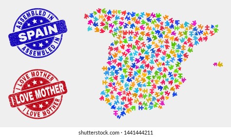 Assemble Spain map and blue Assembled seal stamp, and I Love Mother grunge seal stamp. Colored vector Spain map mosaic of puzzle modules. Red round I Love Mother rubber.