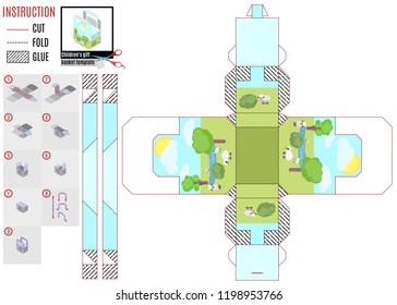 assemble the template itself. basket for children with bright pattern of the field with sheep.stock vector illustration