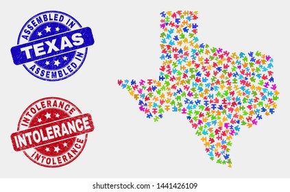 Assemble Texas State map and blue Assembled seal, and Intolerance grunge seal stamp. Colorful vector Texas State map mosaic of puzzle components. Red rounded Intolerance seal.