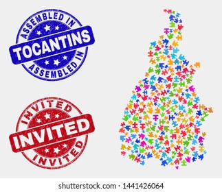 Assemble Tocantins State map and blue Assembled seal stamp, and Invited textured stamp. Bright vector Tocantins State map mosaic of puzzle elements. Red round Invited stamp.
