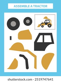 Bauen Sie eine Traktor-Vektorgrafik zusammen. Lernspiel für Aufmerksamkeit. Druckbares Blatt.
