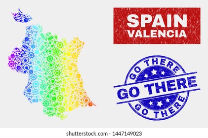 Assemble Valencia Province map and blue Go There distress stamp. Spectral gradient vector Valencia Province map mosaic of productivity. Blue rounded Go There badge.