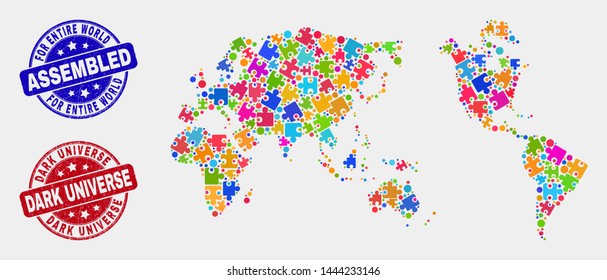 Assemble worldwide map and blue Assembled seal, and Dark Universe distress seal stamp. Bright vector worldwide map mosaic of puzzle modules. Red round Dark Universe stamp.