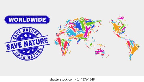 Assemble worldwide map and blue Save Nature scratched seal. Colorful vector worldwide map mosaic of tools items. Blue rounded Save Nature seal.
