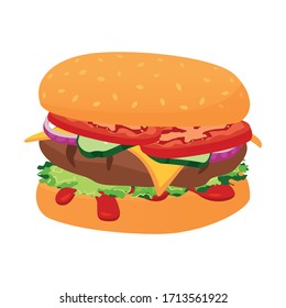 Assembled burger. Tasty big hamburger on a white background