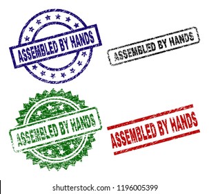 ASSEMBLED BY HANDS seal prints with corroded texture. Black, green,red,blue vector rubber prints of ASSEMBLED BY HANDS tag with grunge style. Rubber seals with circle, rectangle, medal shapes.