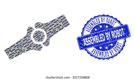 Assembled by Robot corroded round stamp seal and vector recursive mosaic artificial bone joint. Blue stamp has Assembled by Robot text inside round shape.