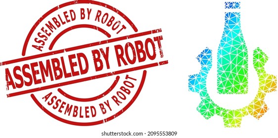 ASSEMBLED BY ROBOT scratched stamp seal and low-poly rainbow colored beer industry icon with gradient. Red stamp seal has ASSEMBLED BY ROBOT tag inside round and lines shape.