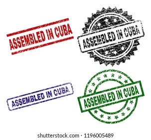 ASSEMBLED IN CUBA seal imprints with damaged texture. Black, green,red,blue vector rubber prints of ASSEMBLED IN CUBA text with scratched texture. Rubber seals with round, rectangle, medal shapes.
