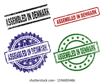 ASSEMBLED IN DENMARK seal prints with damaged style. Black, green,red,blue vector rubber prints of ASSEMBLED IN DENMARK title with unclean texture. Rubber seals with round, rectangle,