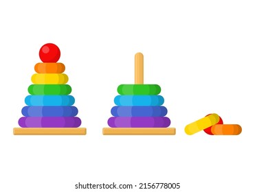 Assembled and disassembled colorful pyramid toy. Building stack up ring tower. Single toddler training educational toy. Fine motor developmen. Vector illustration