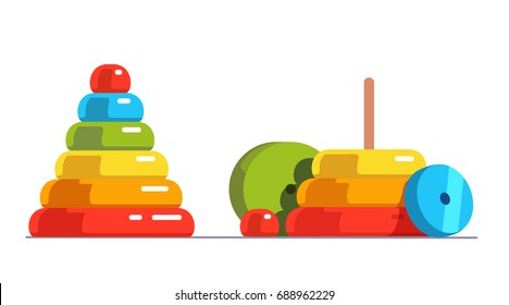 Assembled & disassembled colorful wooden pyramid toy. Building stack up ring tower.  Early child development educational game. Flat style vector illustration isolated on white background.